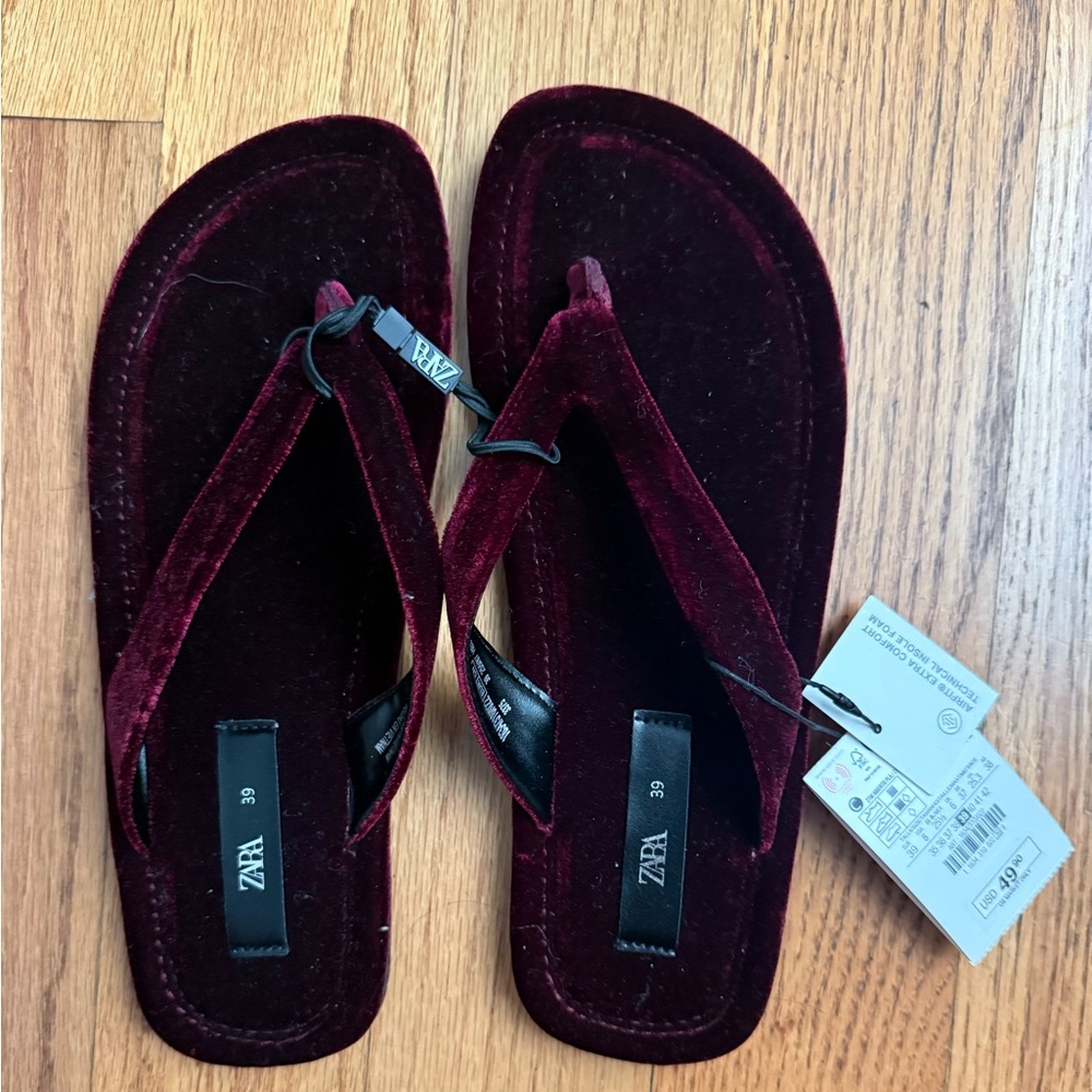 Zara Deep Red Velvet Flip Flops